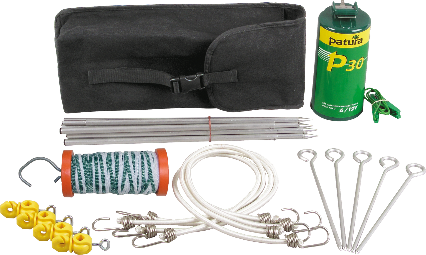 Wanderreiterset, Packtasche mit P 30-Gerät, Alu-Pfählen, 40 m Band, Torgriff, Abspannmaterial
